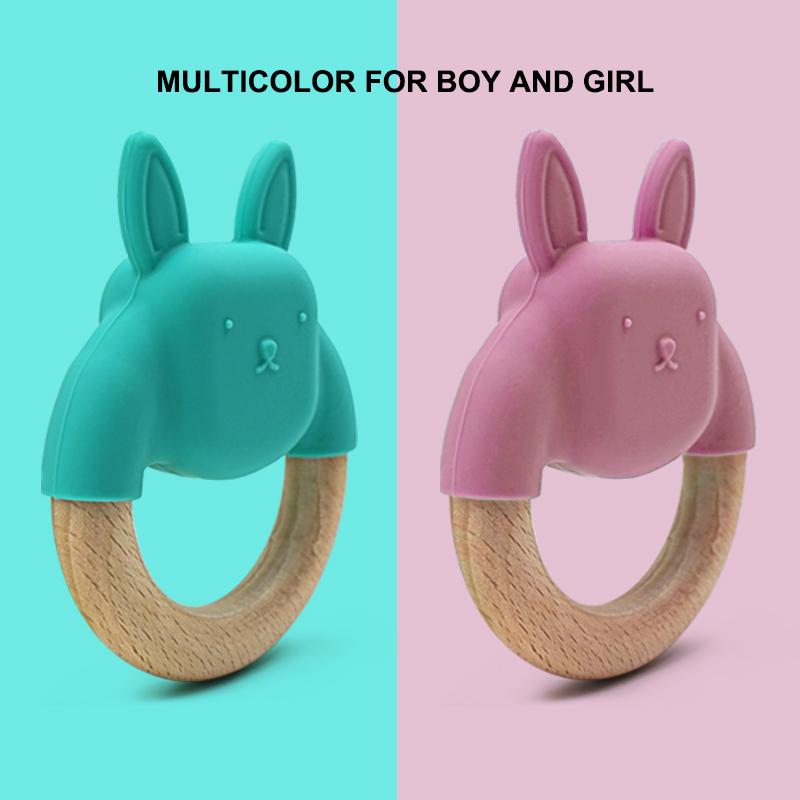 silicone wood teether for baby green pink